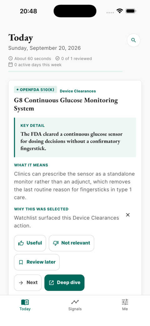 FDA Daily app showing today's briefing with five curated FDA actions